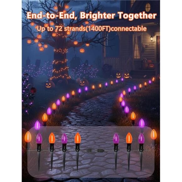 Halloween Pathway Lights, 10 Pack C9 LED Stake Lights with Purple & Orange - Picture 3 of 8